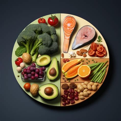 ilustración de un plato equilibrado con frutas, verduras y proteínas