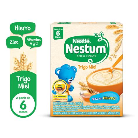 Tabla comparativa de los ingredientes principales de las diferentes variedades de Nestum (ej. 4 Cereales, Trigo Miel, Frutilla, Cacao, Arroz).