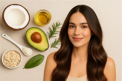Esquema de ingredientes naturales beneficiosos para el cabello rizado (frutas, aceites, semillas)