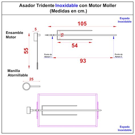 Ilustración mostrando el Asador Moller en uso sobre un fogón, destacando la espada tridente y el ensamble del motor.