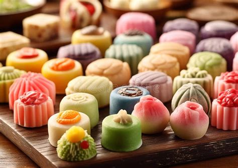 Ilustración de una selección variada de wagashi tradicionales dispuestos sobre una mesa de madera
