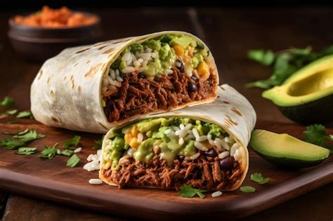 Foto temática de un burrito de pollo, cortado por la mitad, mostrando su relleno de pollo con mole, frijoles y aguacate.