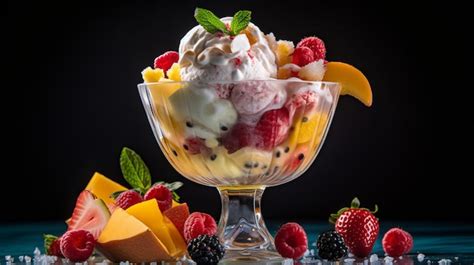 Ensalada de frutas decorada con helado, crema y glaseado