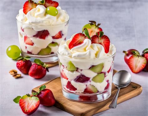 Ilustración de un bol con crema pastelera y frutas frescas para decorar un postre.