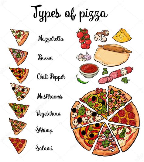 Ilustración artística de diferentes tipos de ingredientes de pizza para colorear