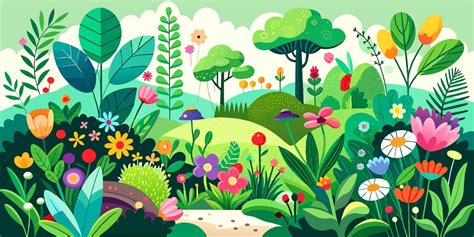 Ilustración de un jardín exuberante con diversas flores en pleno florecimiento.