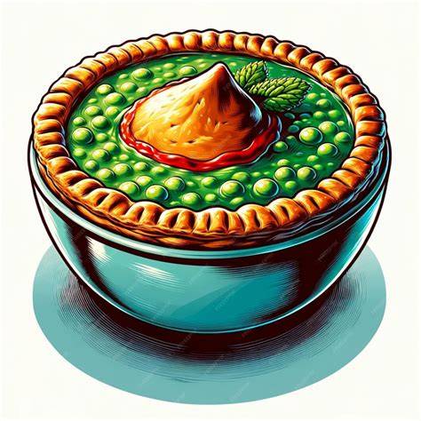 Ilustración de un Pie Floater tradicional servido en un tazón con sopa de guisantes y salsa