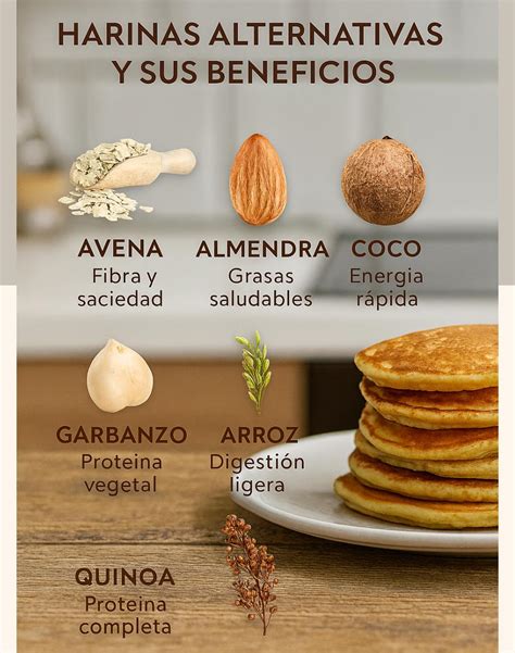 infografía comparativa de harinas (coco, trigo, almendra) destacando contenido de fibra, carbohidratos y gluten