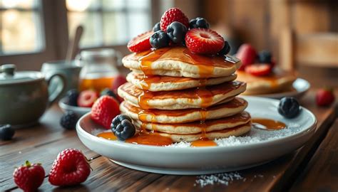 foto de pancakes de harina de coco con frambuesas y chispas de chocolate, apilados y decorados con fruta