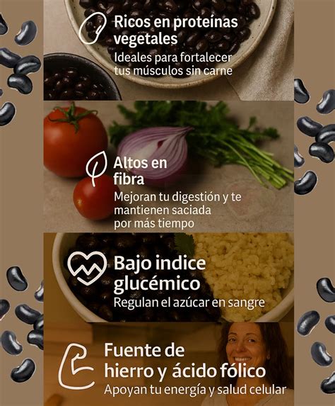 Infografía nutricional: composición de los porotos negros (proteínas, fibra, hierro, antioxidantes y vitaminas)