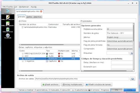 Ejemplo de interfaz de MKVToolNix GUI para editar pistas y propiedades