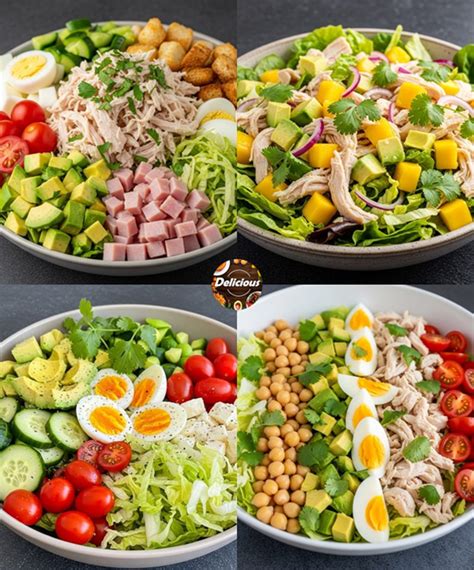Variedad de proteínas para ensaladas: pollo, salmón, huevos duros, garbanzos y tofu