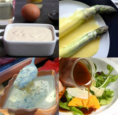 Ilustración de diferentes salsas emulsionadas: mayonesa, vinagreta, holandesa.