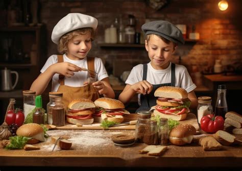 Foto de niños de primaria preparando sándwiches en grupo con ayuda de un profesor