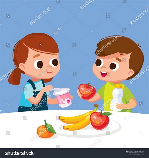 ilustración de niños sonriendo mientras comen fruta variada