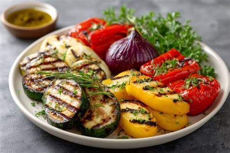 Variedad de verduras a la parrilla, recién hechas y listas para ser aderezadas con chimichurri.