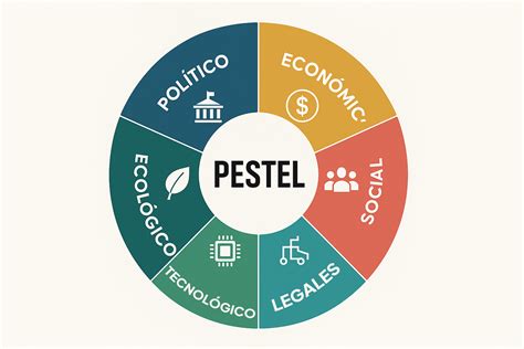 Esquema de los factores del análisis PESTEL (Político, Económico, Social, Tecnológico, Ecológico, Legal)