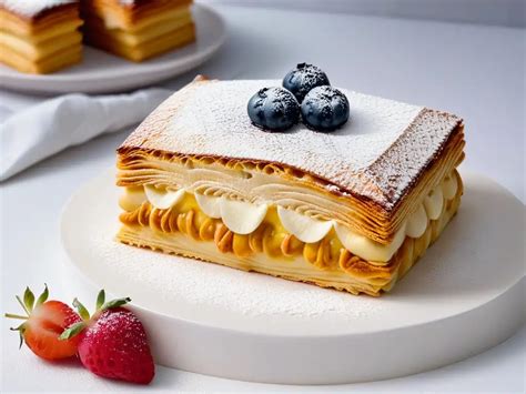 Fotografía profesional de una torta milhojas clásica con capas visibles y un acabado impecable de manjar.