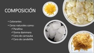 Comparativa visual de la textura de diferentes ceras (abeja, carnauba, candelilla).