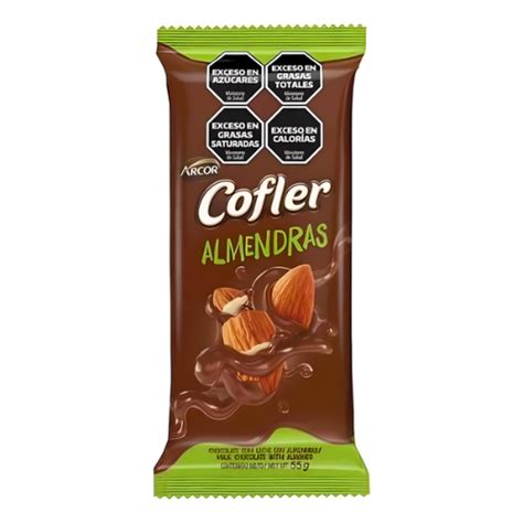 Ilustración de una barra de chocolate Cofler con almendras enteras incrustadas.