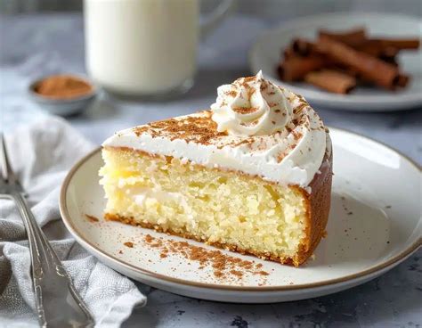 Foto de un pastel de Tres Leches cortado mostrando las capas y la humedad