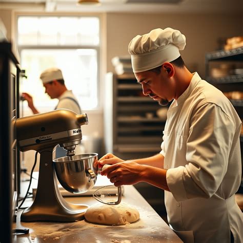Fotografía profesional de un panadero trabajando con masas en una cocina industrial moderna