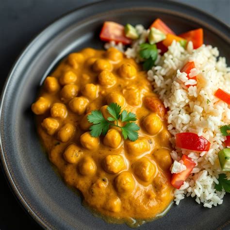 Plato de curry de garbanzos con leche de coco y arroz basmati, decorado con cilantro fresco