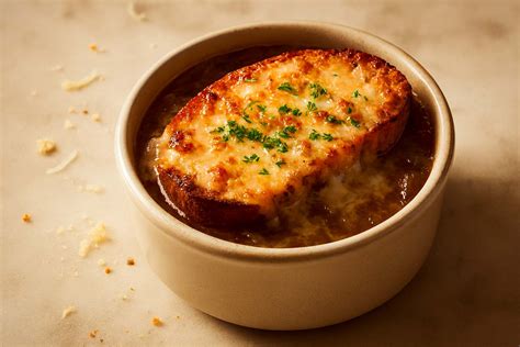 Imagen de un cuenco de sopa de cebolla gratinada con una capa dorada de queso fundido y pan tostado.