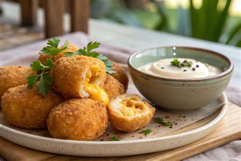 croquetas de coliflor doradas y crujientes en un plato con salsa