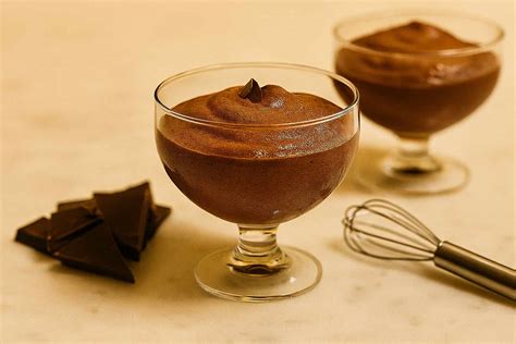 Primer plano de una cucharada de mousse de chocolate aireada, mostrando su textura esponjosa y sedosa.