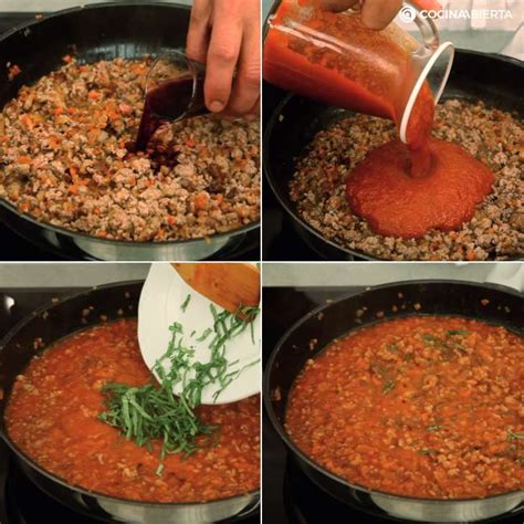 Infografía detallando los pasos para la preparación de la salsa boloñesa, desde el sofrito de verduras hasta la cocción lenta.