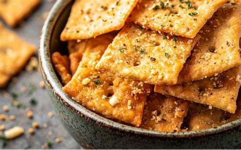 Fotografía profesional de crackers de queso dispuestas sobre una tabla de madera