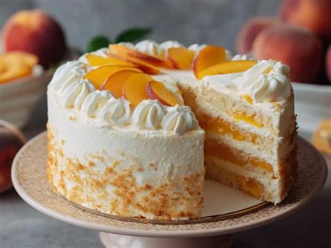 Torta de bizcocho con crema y durazno, lista para servir