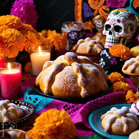 Ofrenda de Día de Muertos con pan de muerto, flores de cempasúchil, velas y tazas de chocolate