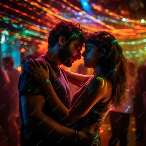 Una pareja bailando en una discoteca, con la chica en el centro de atención.