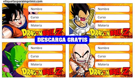 Variedad de etiquetas escolares de Dragon Ball Z con diseños modernos y coloridos