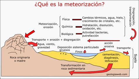 Diagrama explicativo de la meteorización y sus tipos (física, química y biológica)