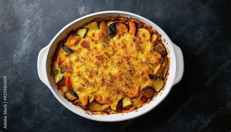 Plato de patatas con salsa boloñesa servido en una fuente con queso gratinado por encima.