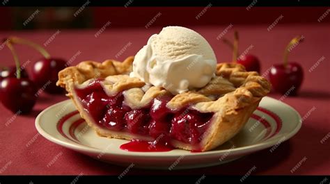Fotografía de una porción de tarta de cerezas servida con helado de vainilla.