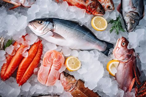 Foto de pescados y mariscos frescos en una vitrina refrigerada o en hielo