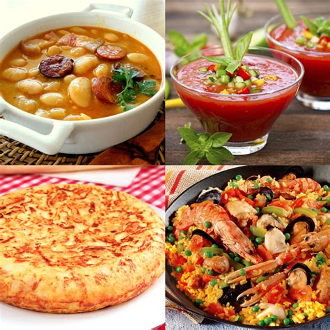 collage de platos españoles con pimiento: pisto, gazpacho, paella