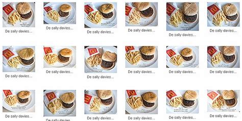 infografía comparativa mostrando la hamburguesa y patatas de Sally Davies a lo largo del tiempo, destacando su aparente inalterabilidad