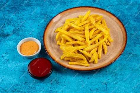 Fotografía de papas fritas recién hechas servidas con un bowl de salsa cheddar