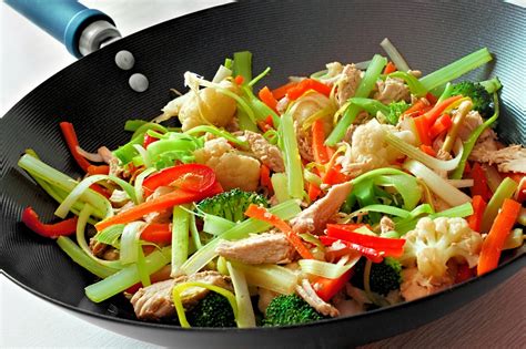 Wok con pollo salteándose junto con verduras y salsa.