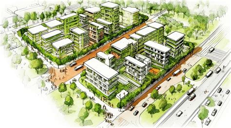 Esquema de planificación urbana de un conjunto de viviendas con áreas verdes y microbarrios