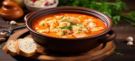 Fotografía de un plato servido de sopa halászlé húngara con pan