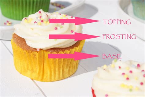 Infografía detallando las partes de un cupcake: base, frosting y decoración