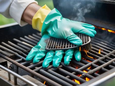Fotografía de manos limpiando una rejilla de parrilla con un cepillo de alambre y productos de limpieza.