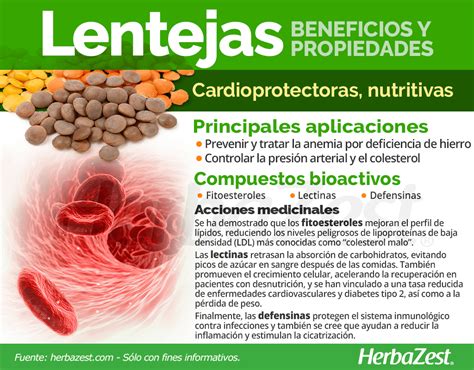 Infografía comparativa: perfil nutricional de la lenteja roja destacando proteínas, fibra, hierro y vitaminas del grupo B.