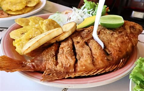 Plato de pescado frito servido con guarnición de ensalada y papas doradas